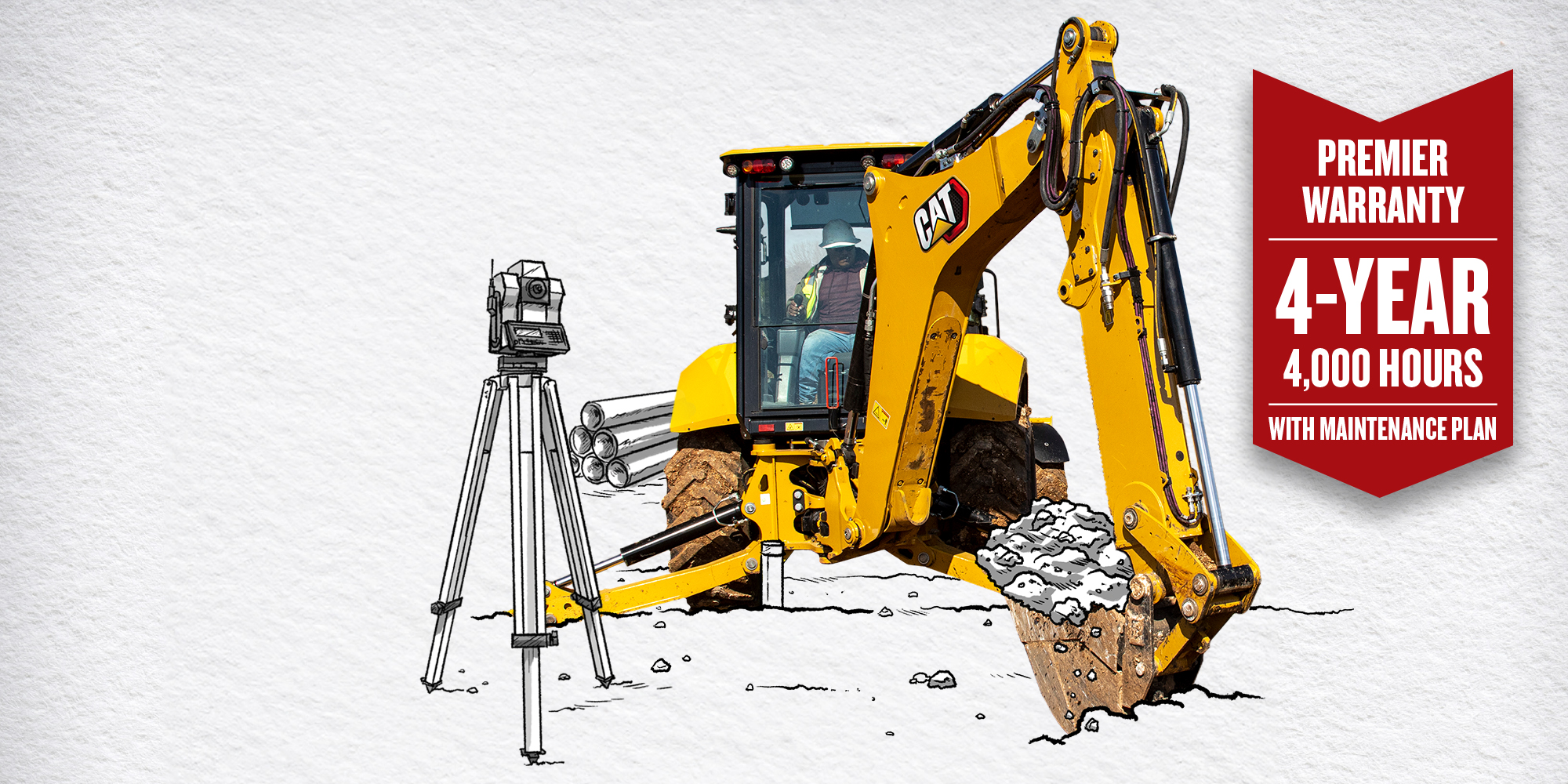 Text reads premier warranty 4 year 4,000 hours with maintenance plan, over an image of a Cat excavator