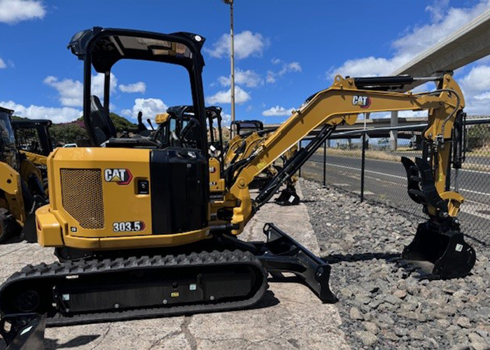 A Cat 303.5 mini Excavator seen from the side